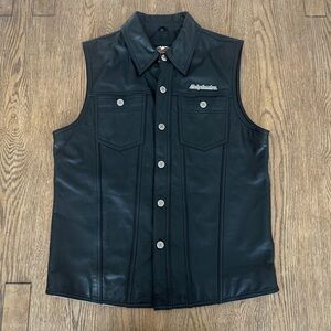 Harley-Davidson Black Leather Button Down Real Leather Embossed Tank M Grunge